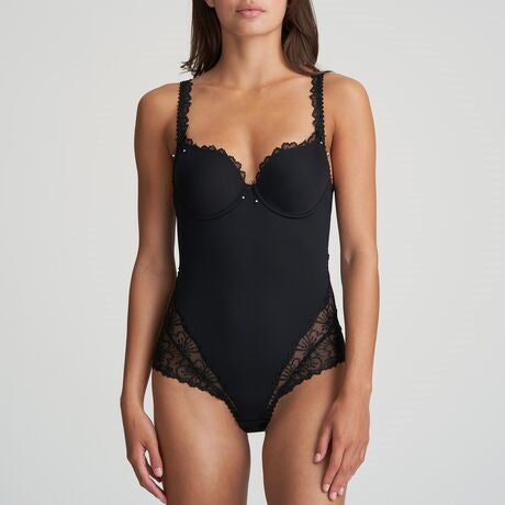 This black body features stunning detail with lace bottom and opulent embroidery that continues over the hips and to the back.