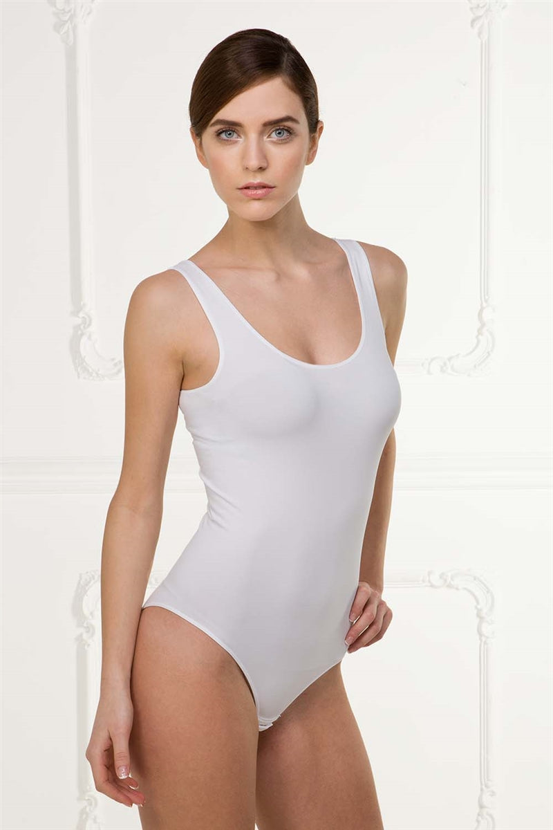 White singlet bodysuit with wide straps; Smooth & soft fabric making it a comfortable wear