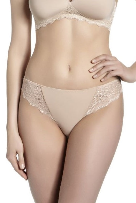 Nude tanga with lace side panelling and opaque microfibre front