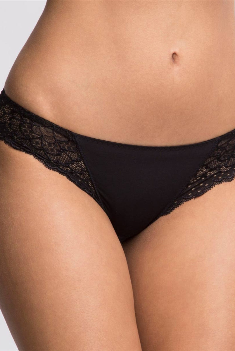 Black bikini brief with lace detailing on band and scalloped side edges and opaque microfibre front