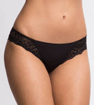 Black bikini brief with lace detailing on band and scalloped side edges and opaque microfibre front