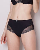 Black High Waist Brief featuring opaque centre and back with stretch tulle sides
