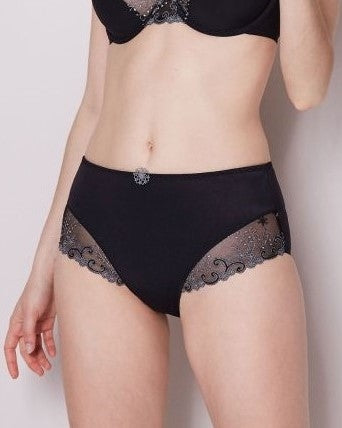 Black High Waist Brief featuring opaque centre and back with stretch tulle sides