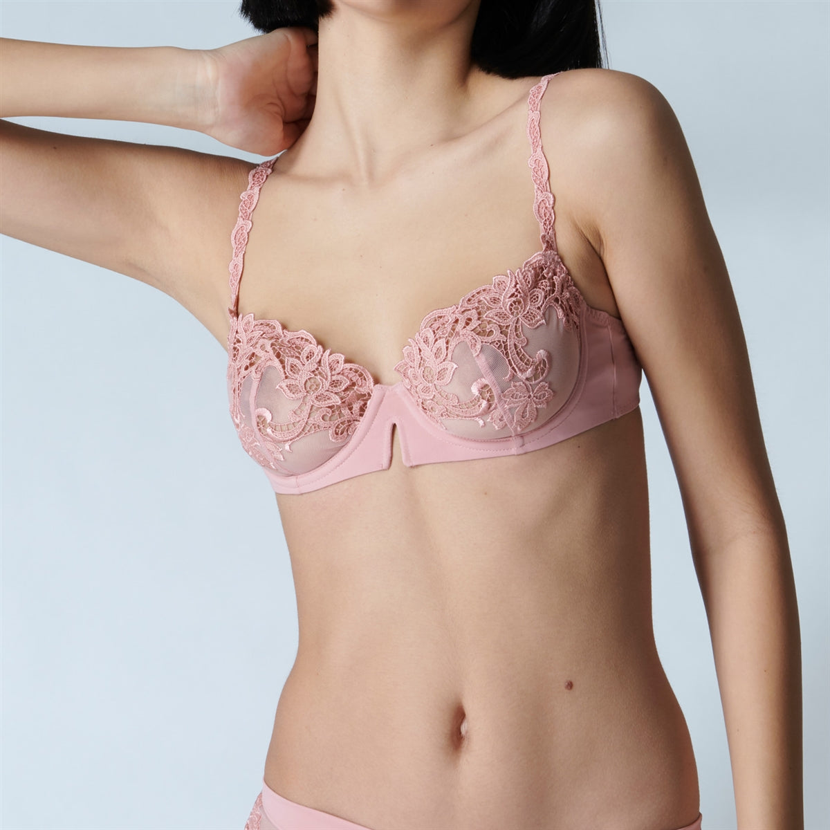 Stunning sheer half cup bra in a gorgeous pink colour with lace and embroidery detail tulle cups