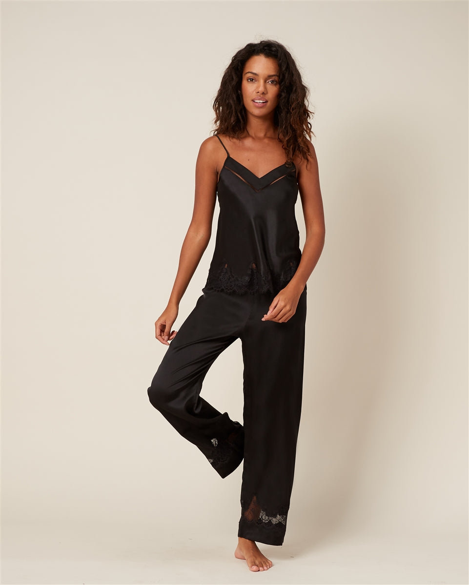 Black Silk Night Pant with Lace Detail on the bottom