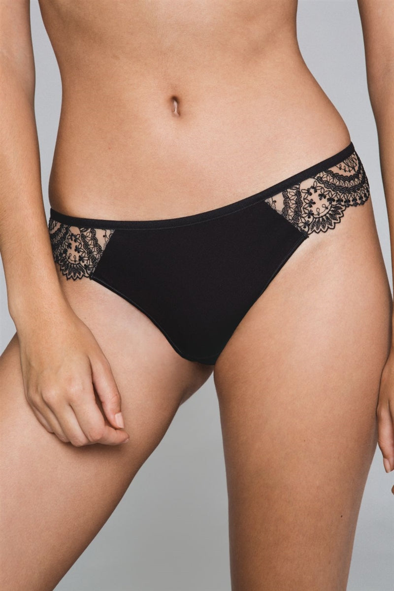Black tanga featuring opaque centre and fine lace sides with graphic embroidery