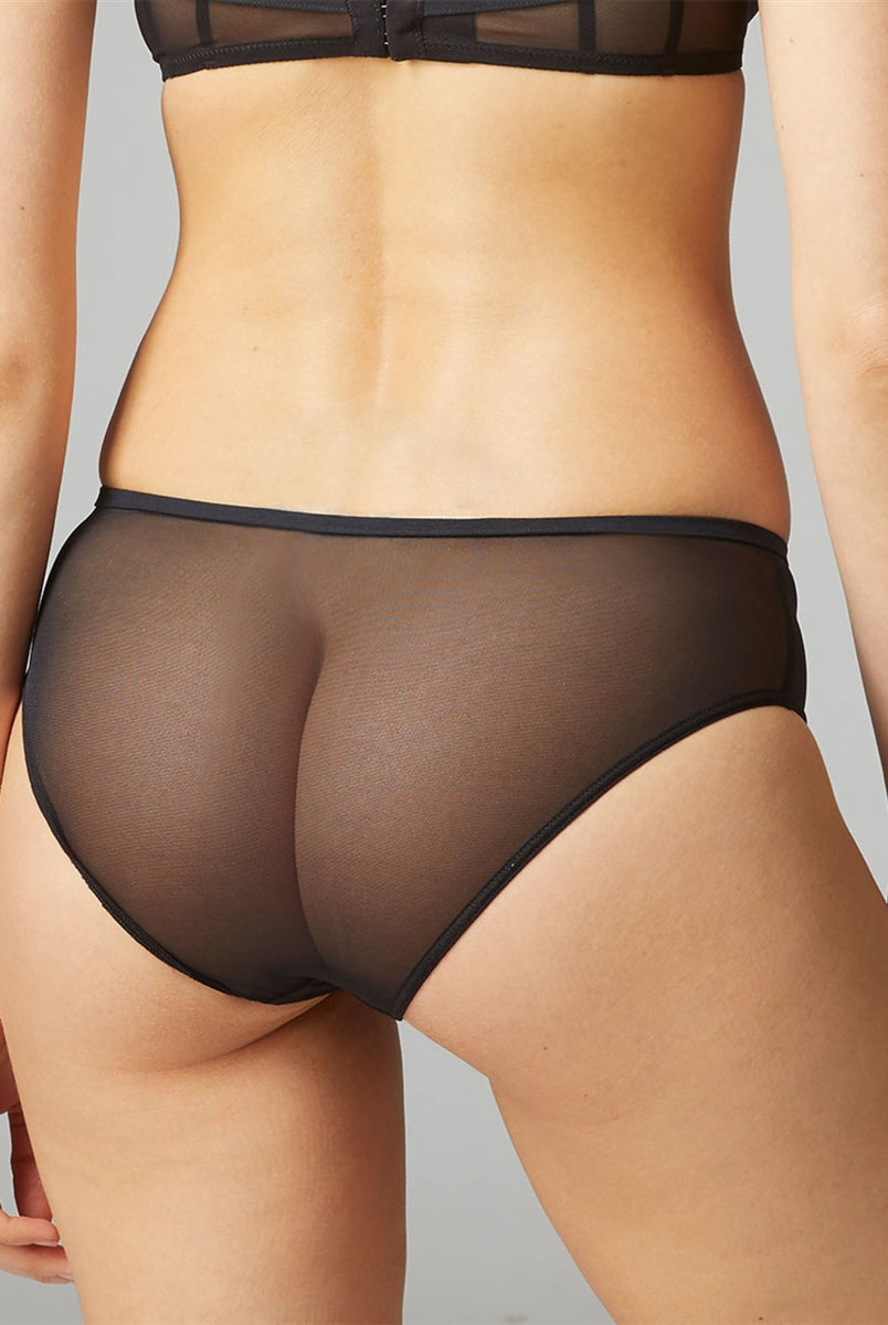 Black cheeky shorty brief featuring a soft high quality tulle, lined with ultra fine elasticated organza.