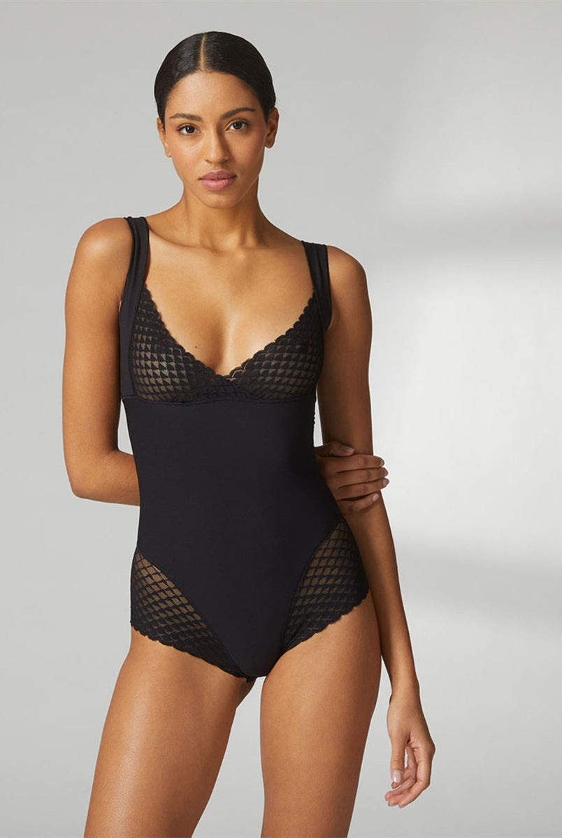 Black Shaping Bodysuit with v-neckline and lace detail on bust and thighs