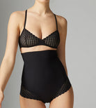 Black high waist shaping brief comes right up to the bra line, while the back and thighs feature lace.