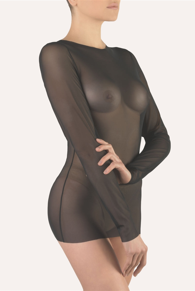Long sleeve black sheer seamless top made from a microtulle fabric