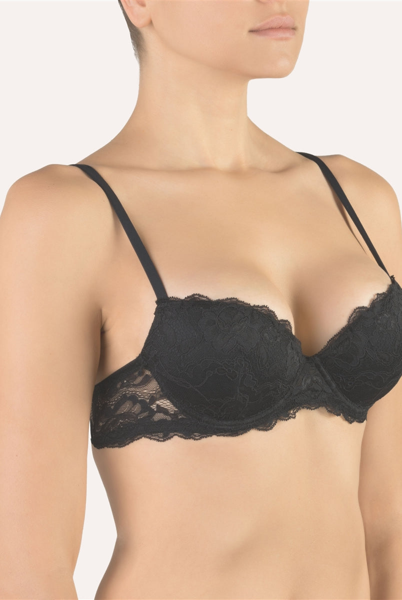 Padded black lace bra with underwire by luxury lingerie label Cotton Club, Made in Italy