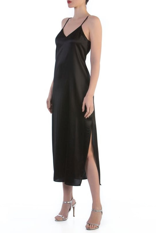 Luxurious designer long chemise made from pure silk featuring v-neck and side slit on one side