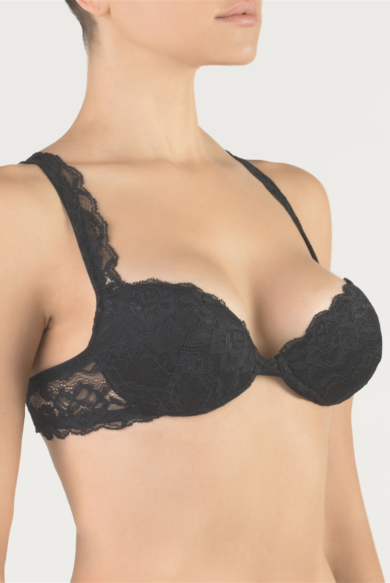 Padded black lace bra with underwire by designer brand, made in Italy.