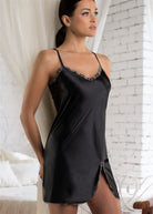 Beautiful black satin chemise featuring a delicate embroidery trim with side split.