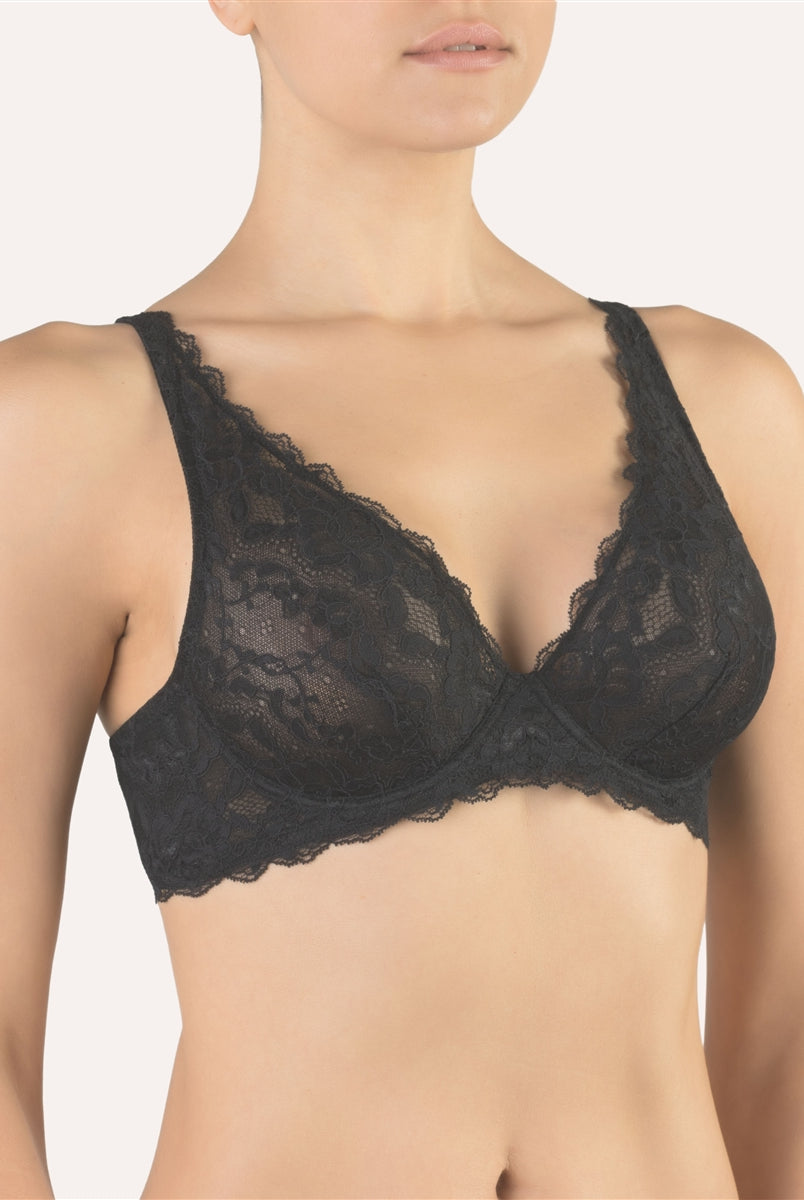 Beautiful designer black lace bra with underwire. Made with the greatest care and highest quality, these beautiful garments are a must for your lingerie drawer.