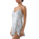 Premium chemise made of pure silk and fine leavers lace with lace detail along neckline and side split with leavers lace in a gorgeous grey pearl colour