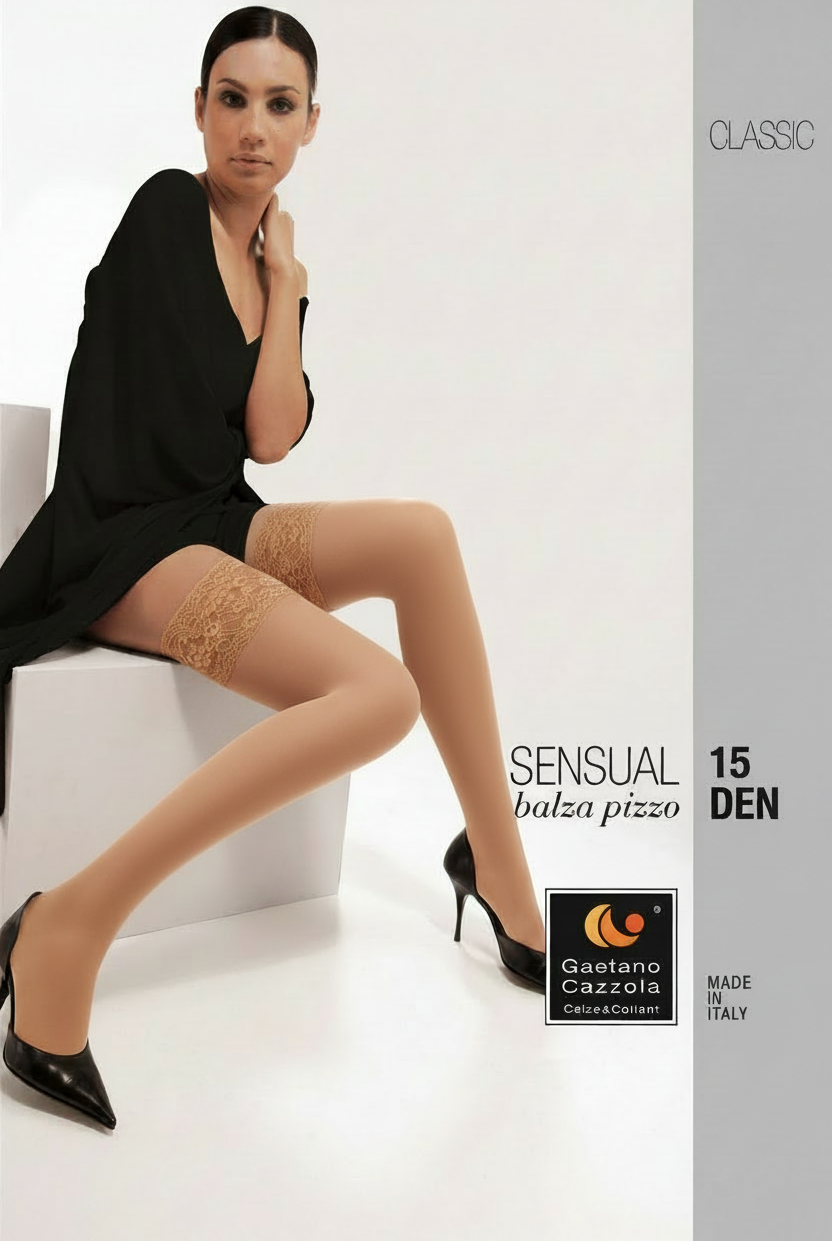 A model wearing sheer beige thigh-high stockings with lace tops, styled with a black dress and black patent heels, seated on a white block in a studio setting. Text on the right reads 'CLASSIC', 'SENSUAL', 'balza pizzo', '15 DEN', and shows the Gaetano Cazzola brand logo.