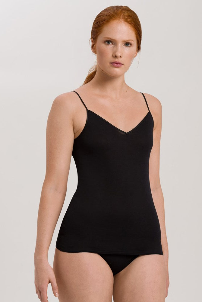 Hanro Cotton Seamless V-Neck Spaghetti Top - Black - La Donna