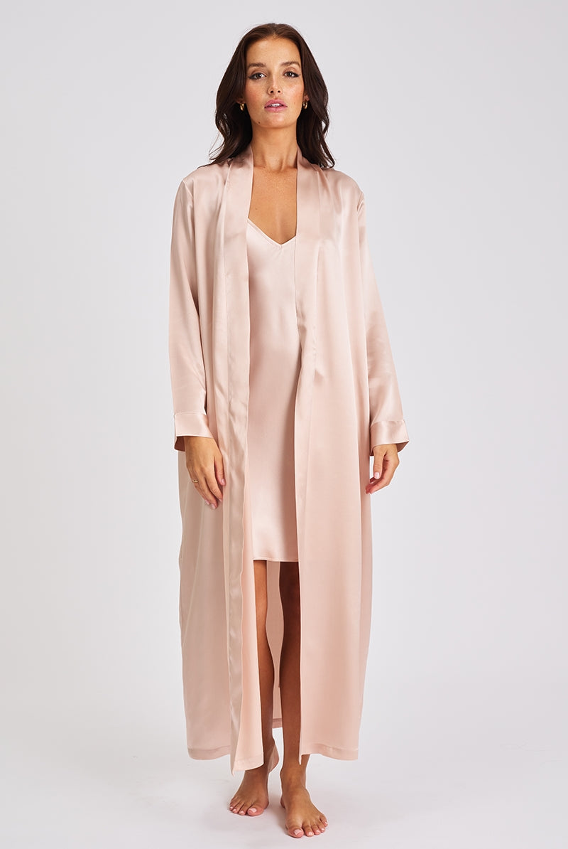 This beautiful long silk robe features a wrap-around style that falls to around ankle length.