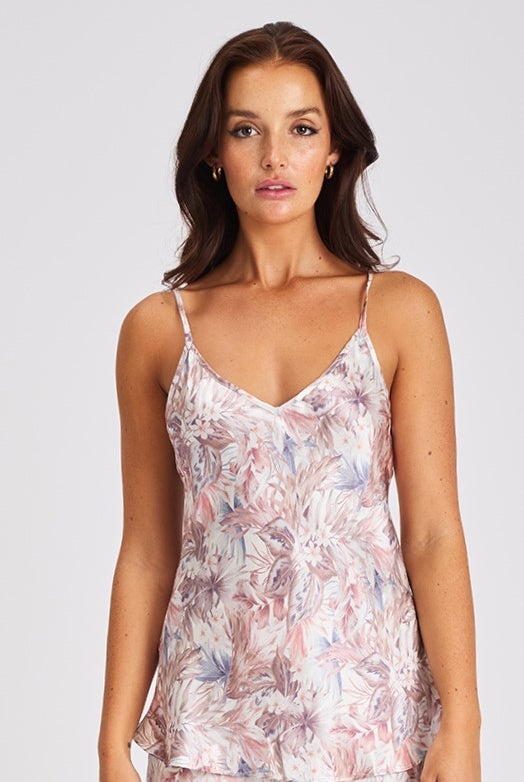 A beautiful print premium quality silk cami that drapes over the figure gracefully featuring adjustable straps and a flattering v-shaped neckline