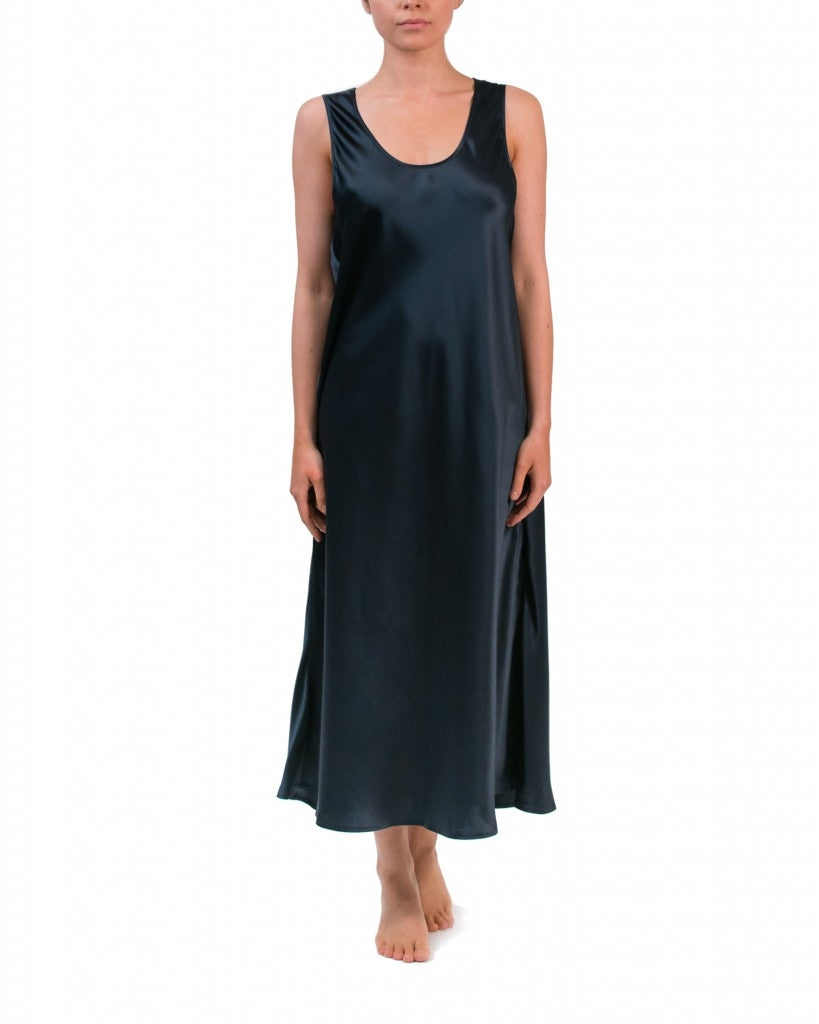 Beautiful navy premium quality long silk nightdress featuring a scoop neck and thick straps