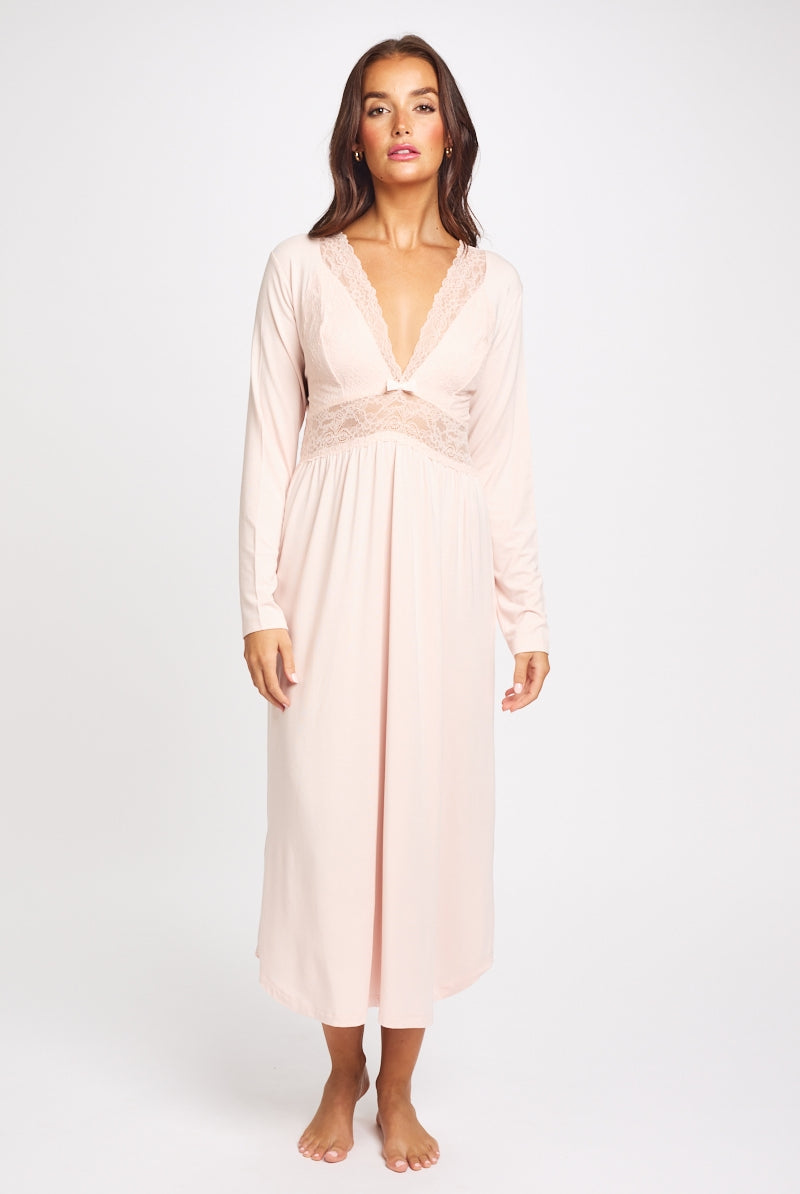 Soft premium modal long sleeve nightdress featuring a modal lined lace bust line that is flattering on all shapes