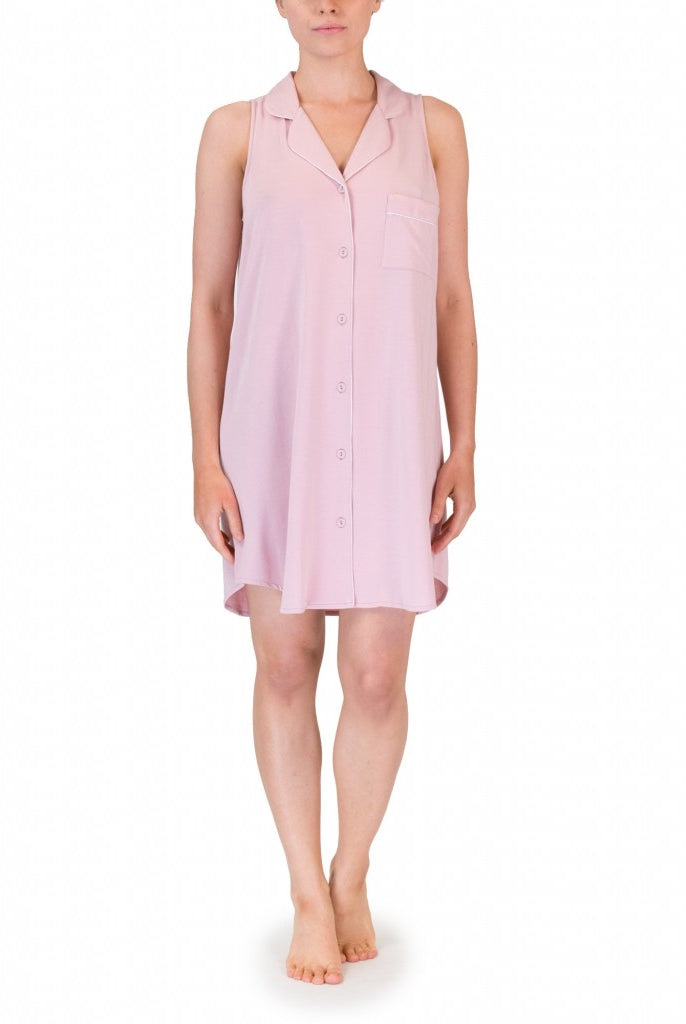 Pink modal sleeveless nightdress falling right to the mid-thigh with buttons all the way through on the front and collar detail