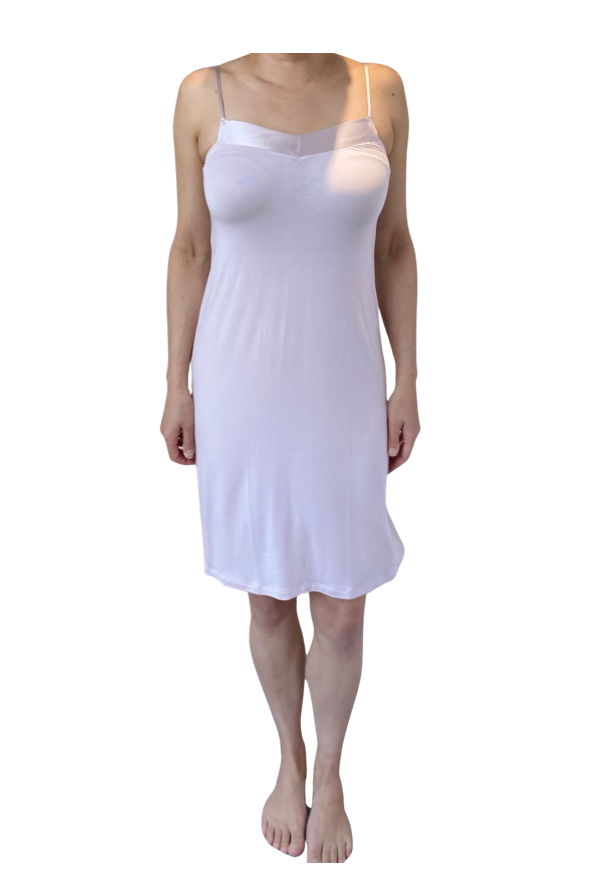 The pink modal Love & Lustre Silk Trim Chemise is a straight-cut, v-neck, bra strap gown finished with beautiful silk trim detailing