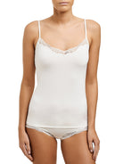 V-neck soft microfibre camisole with adjustable straps and trimmed with lace