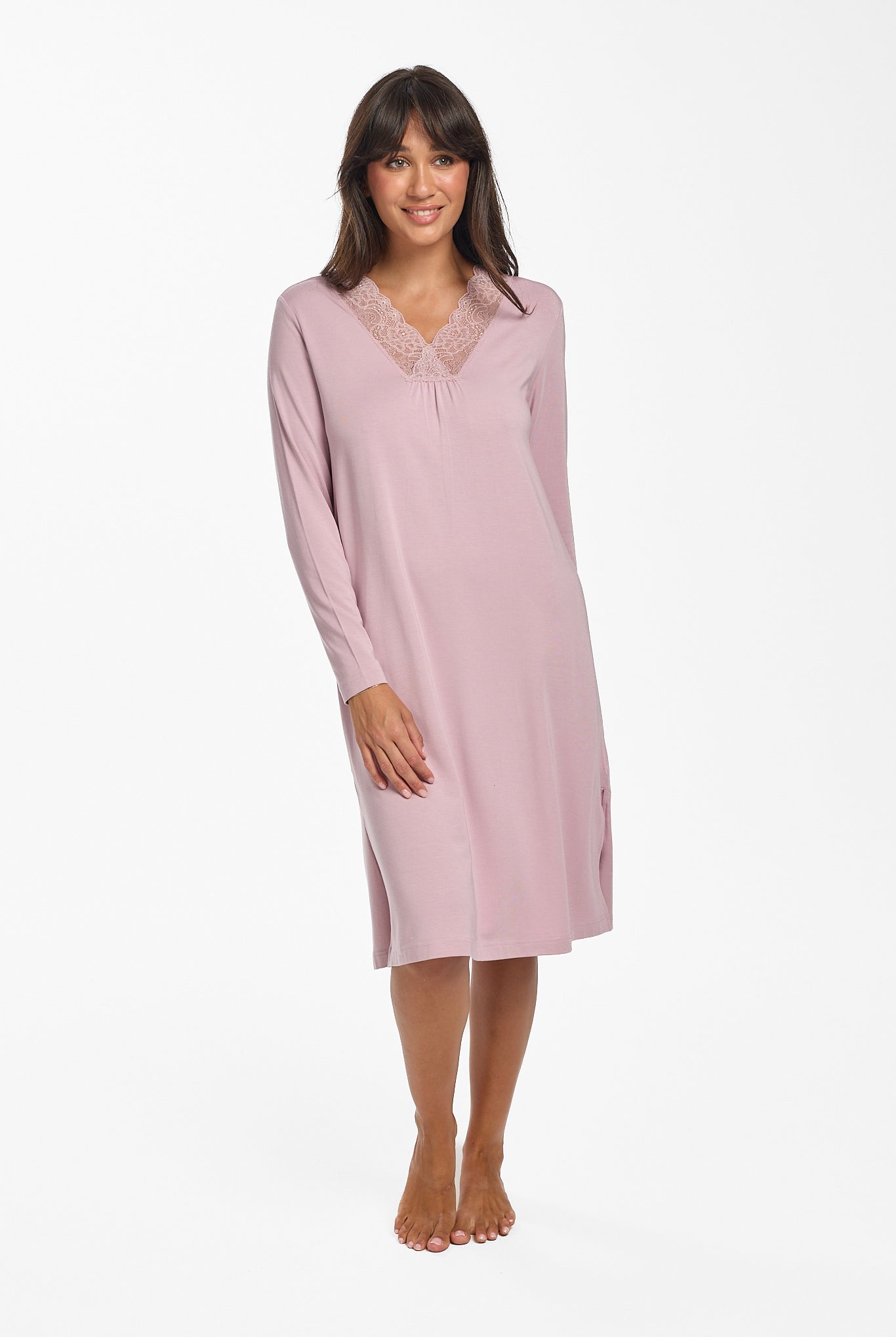 Love & Lustre Modal & Lace Long Sleeve Nightie - Crystal - La Donna