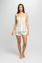 Ivory Silk camisole with adjustable shoulder straps and lace detail on the neckline with matching silk short with elasticated waist