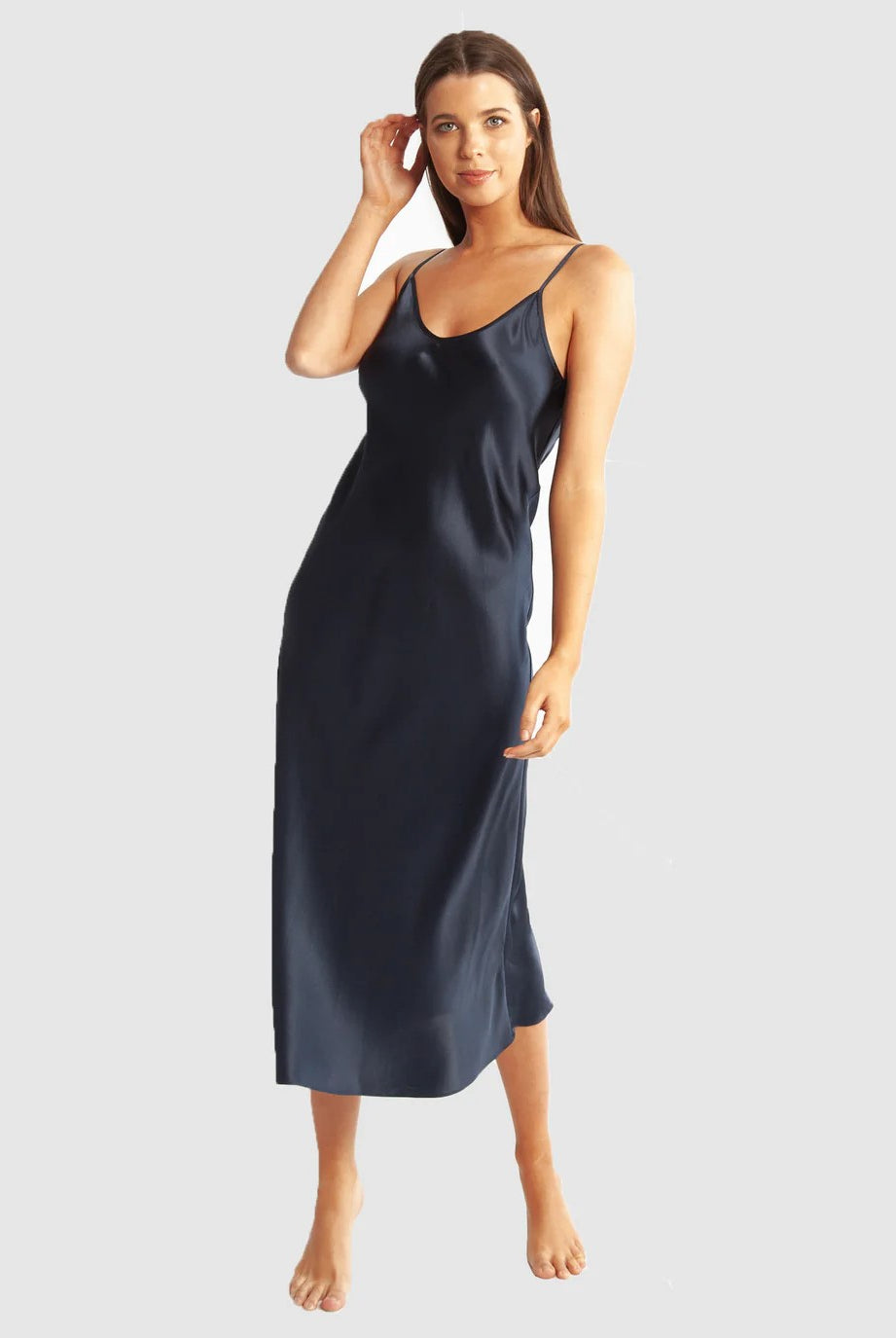 Love & Lustre Silk Chemise 3/4 Length - Navy - La Donna