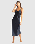 Love & Lustre Silk Chemise 3/4 Length - Navy - La Donna