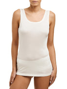 Ivory Silk Jersey tank top with wide shoulders and sits below the waist