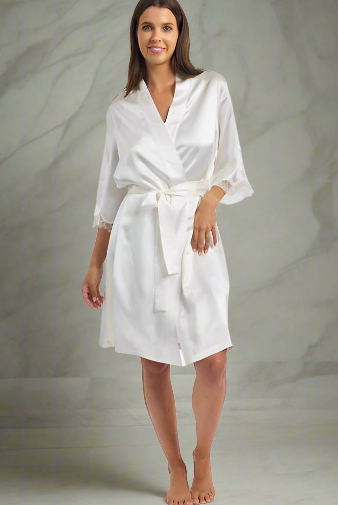 Love & Lustre Silk Robe with Lace - Ivory - La Donna