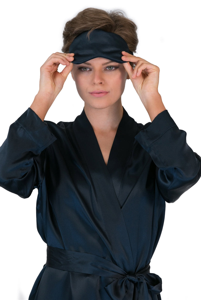 A beautiful premium quality silk sleep mask made with pure silk inner and silk outer fabric in a gorgeous navy colour