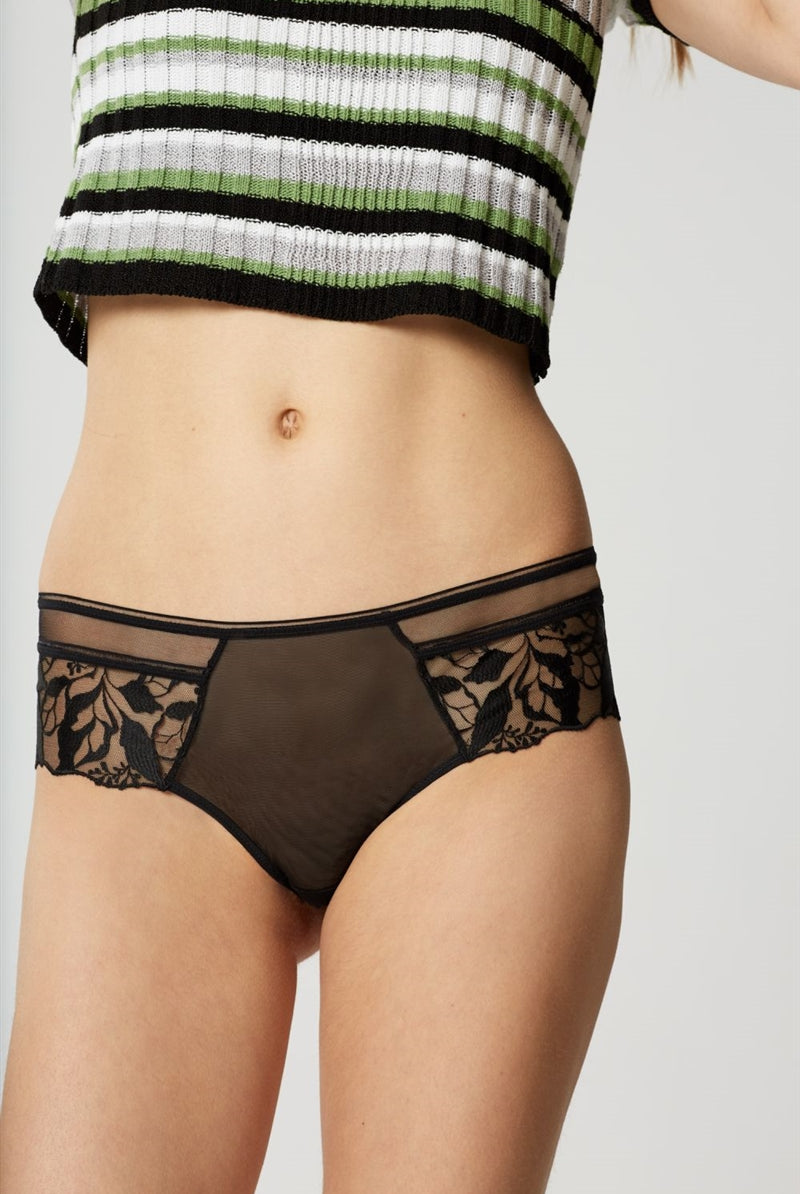 Black shorts with opaque tulle front and embroidered lace panels at front