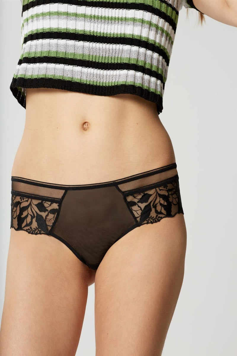 Black shorts with opaque tulle front and embroidered lace panels at front