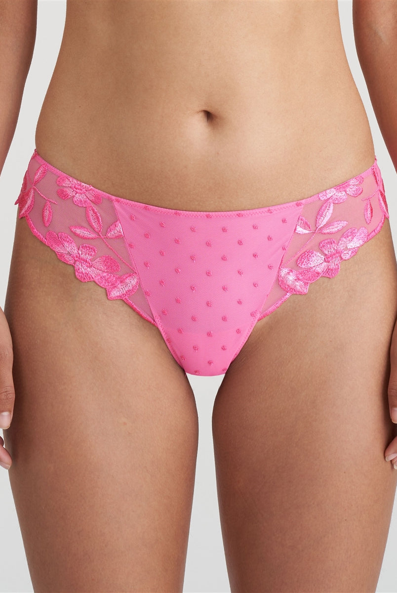 Pink feminine thong with rich floral embroidery and playful raised tulle dots.