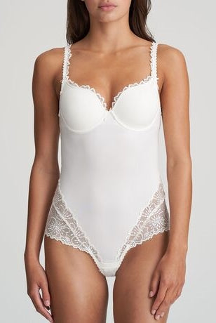 This ivory body features stunning detail with lace bottom and opulent embroidery that continues over the hips and to the back.