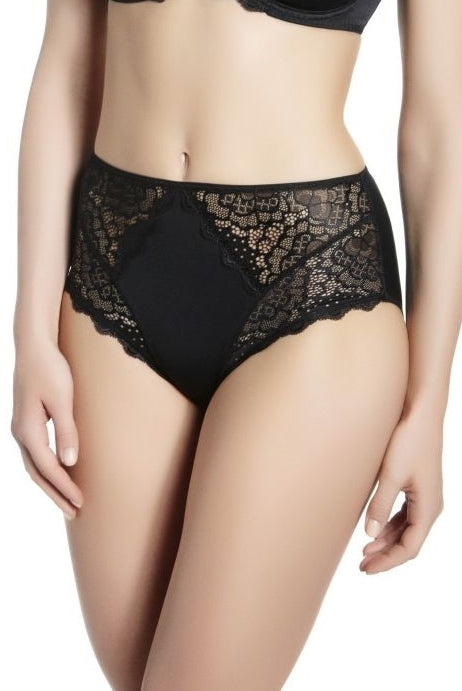 Black High Waist Brief with extra cotton lining that sculpts and supports. Also features delicate lace detailing adding feminine flair.