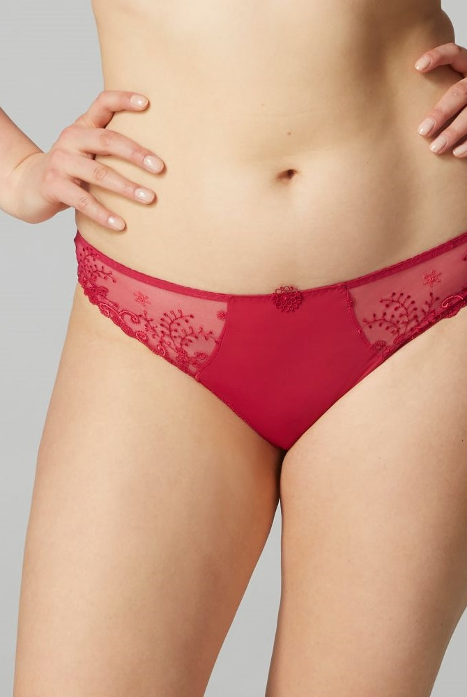 Cranberry red bikini brief featuring front and back in opaque and sides made of embroidery with an accent of guipure.