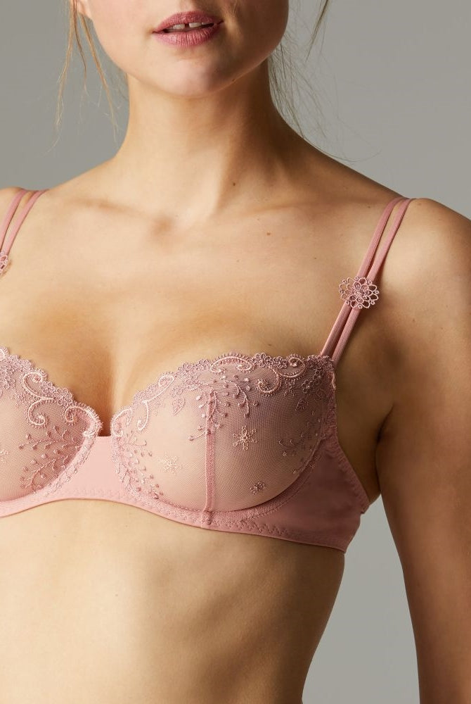 Gorgeous rose peach half cup sheer bra with lace detailing and subtle decorative straps