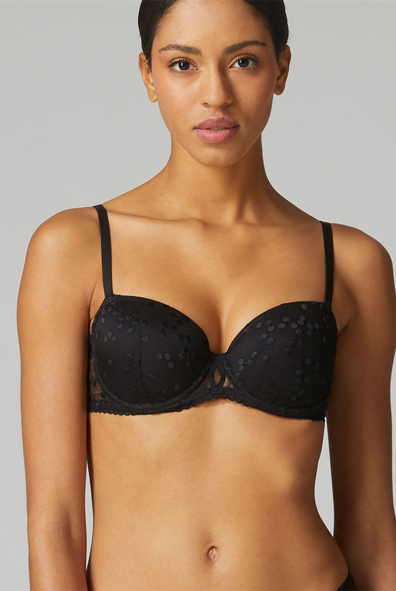 Black Padded Half Cup Bra featuring foam padding that cups the bust creating a rounded, push-up effect.