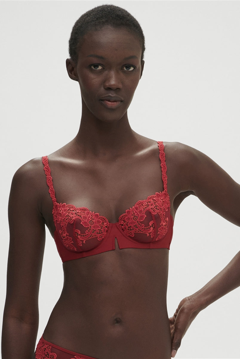 Stunning sheer half cup bra in a gorgeous lipstick red colour with lace and embroidery detail tulle cups
