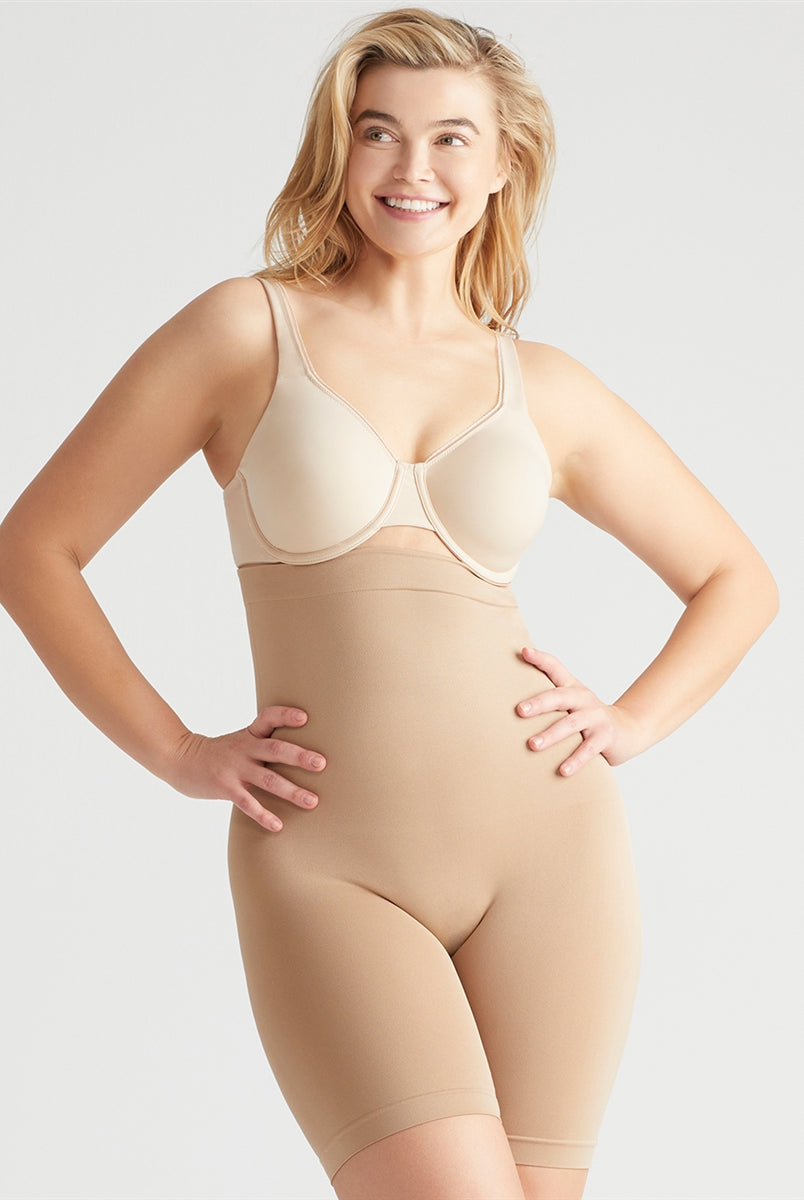 Nude high waist thigh shaper that targets waist and thigh shaping and smooths and shapes comfortably everyday.
