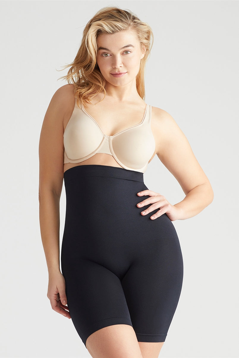 Black high waist thigh shaper that targets waist and thigh shaping and smooths and shapes comfortably everyday.