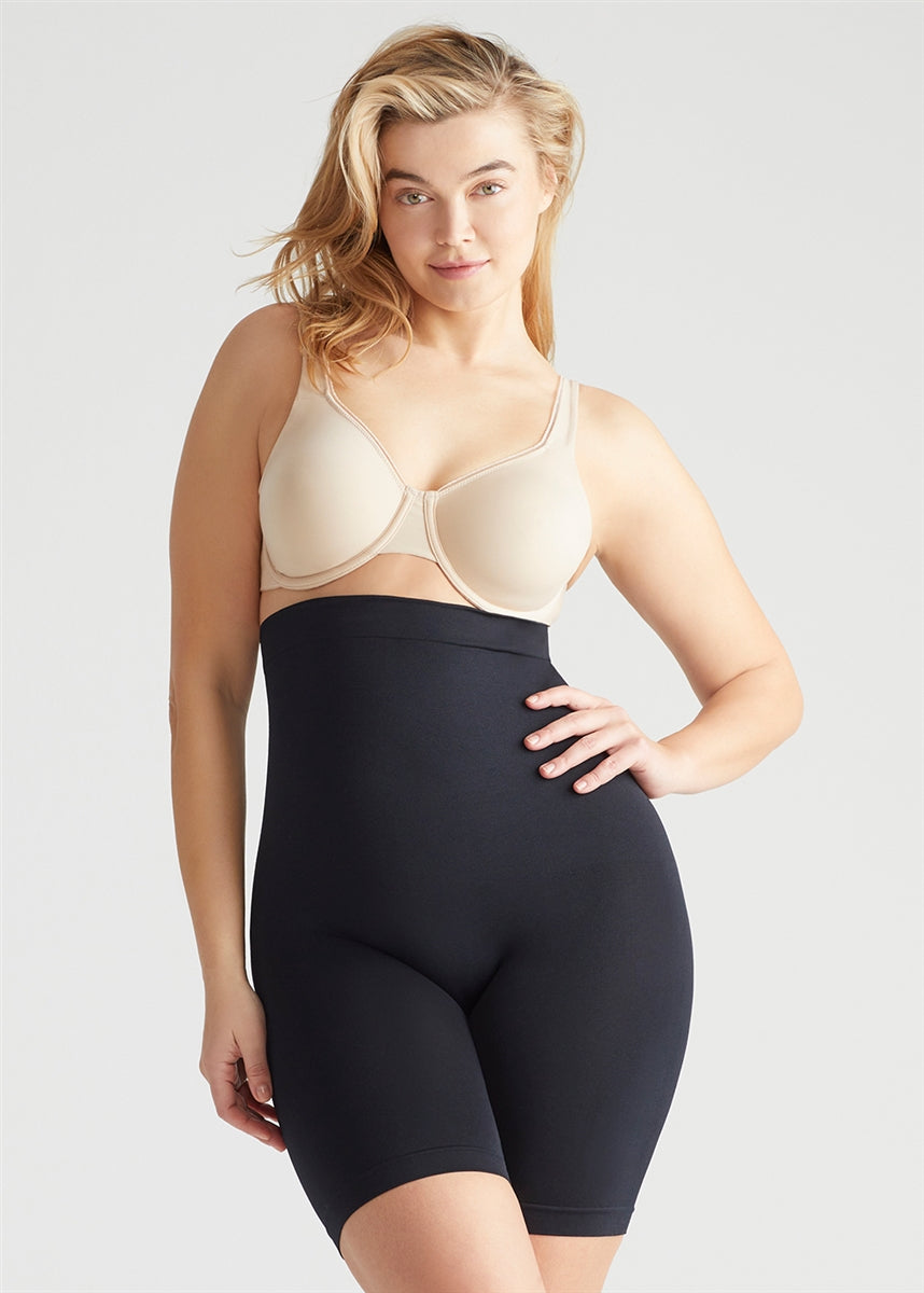 Black high waist thigh shaper that targets waist and thigh shaping and smooths and shapes comfortably everyday.