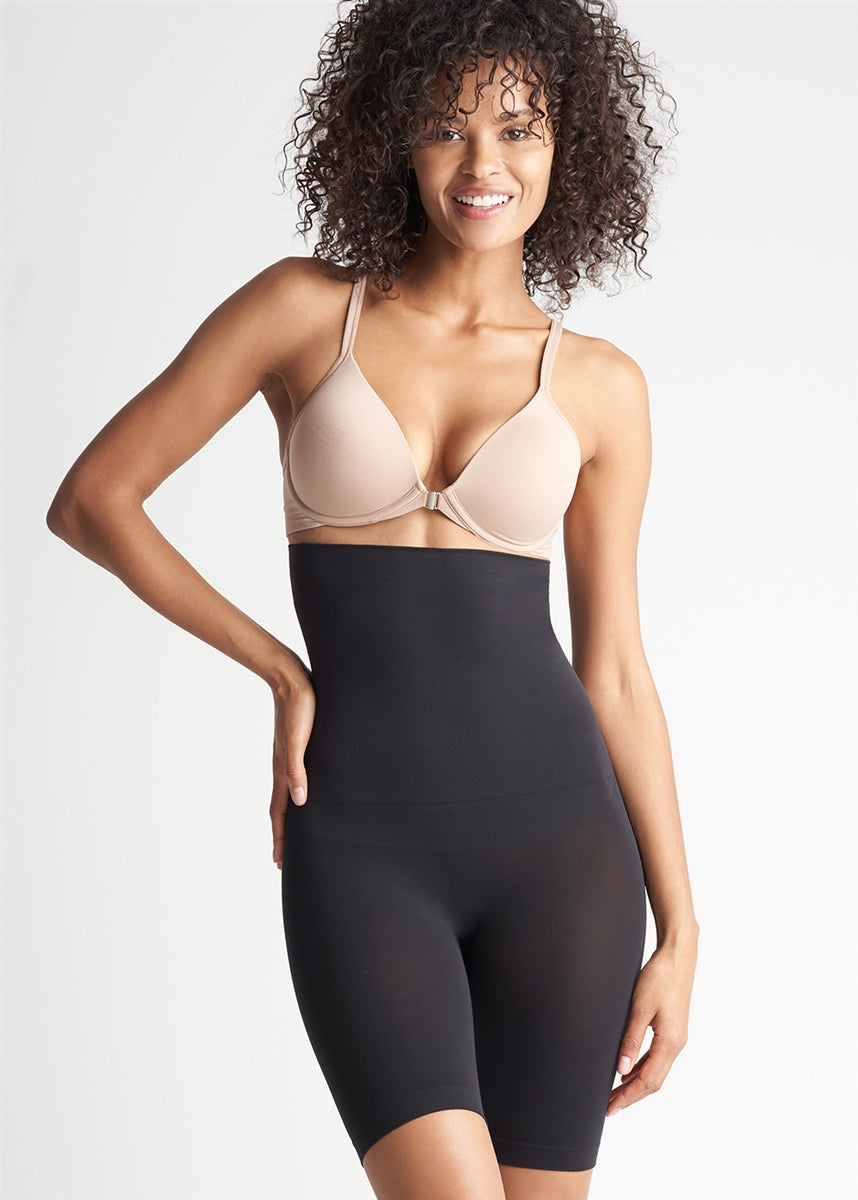 Black high waist thigh shaper that sits under the bra and has a comfortable side-seam free construction
