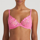 Pink underwire bra with embroidery and flirty raised tulle dots.